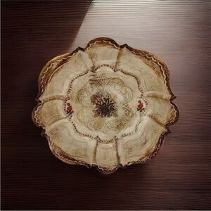 Vtg Italian Wood Florentine Decorative Bowl Quatrefoil GOLD GILT PAINT Roses 9”